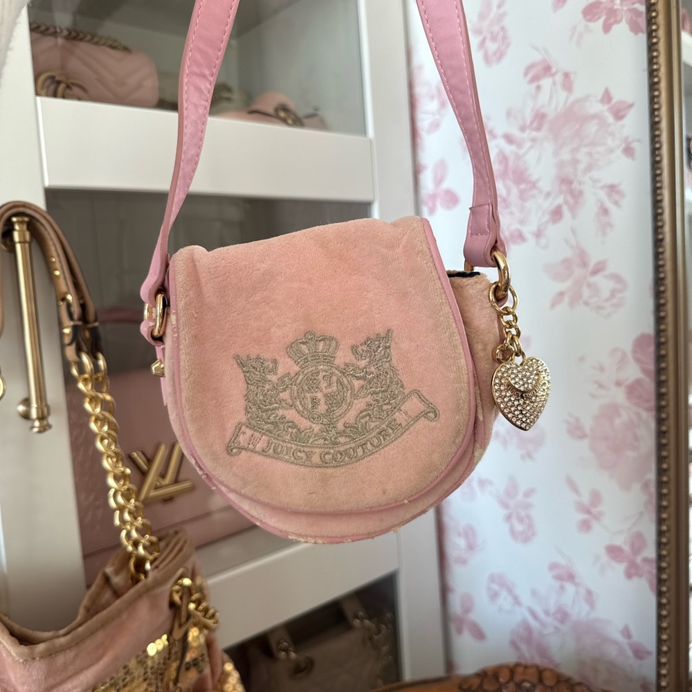 Juicy Couture Blush Pink Suede Mini Shoulder Bag with Heart Charm
